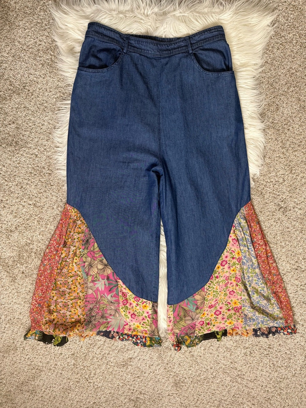 Young Threads Cotton Wide-Leg Denim Pants Floral Flare Pull-On Boho Lg